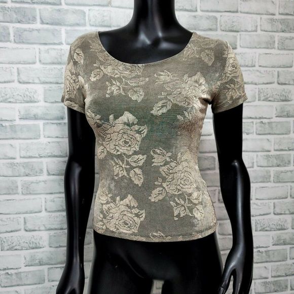 Vintage 90s Cache Womens S‎ Gold Rose Floral Stretchy Crop Top Short Sleeve - Picture 1 of 6